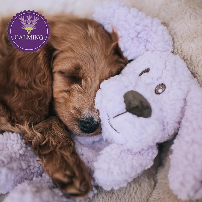 Calm Fleece Laying Down Dog, Soothing Dog Toy, Made with Lavender Blend of Therapeutic Grade Essential Oils (33cm)