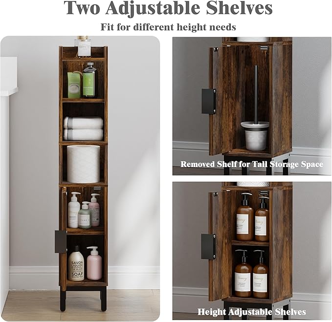 Narrow Bathroom Storage Cabinet, Corner Toilet Paper Floor Cabinet 5 Tiers with Door and Shelves,Bathroom Organizer with Adjustable Shelf, for Small Spaces(Rustic Brown)