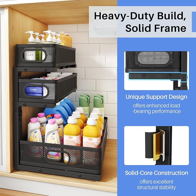 HERJOY Under Sink Organizer, 2-Pack 3-Tier Height Adjustable Thickened Metal Pull out Cabinet Organizer Shelf, Slide out Storage Drawer Rack for Bathroom Kitchen Pantry Home Laundry Organization