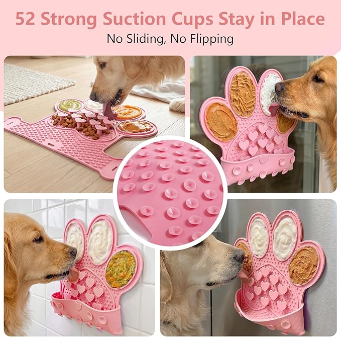 Licking Mat for Dogs & Cats, Slow Feeder Lick Pat, Anxiety Relief Dog Feeding Mat for Butter Yogurt Peanut, Pink