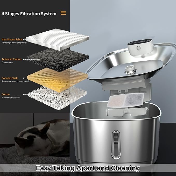 Cat Water Fountain Stainless Steel- 108oz/3.2L Pet Water Fountain Cordless with Motion Sensor, 4 Replacement Filters, Ultra-Quiet Auto Dog Water Dispenser Battery Powered (Stainless Steel-1)