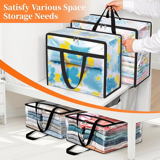 Clear Storage Bags, 4 Pack Under Bed Storage and Closet Organizers Containers, 40L Foldable Moving & Packing Bags with Zippers for Comforter, Bedding, Duvet, Blanket & Toy Storage