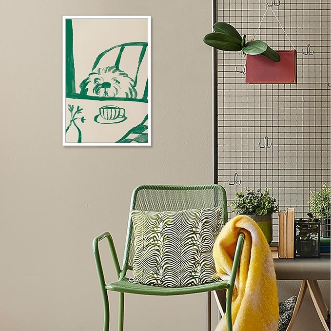 Funny Sneaky Dog Poster Abstract Coffee Breakfast Canvas Wall Art Modern Minimalist Animal Sketch Artwork Prints Painting For Living Room Kitchen Dining Room Wall Decor 12x16in Unframed