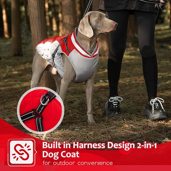 Dog Winter Coat with Harness, Dog Jacket, Pet Clothes with Zipper on Back, Waterproof Windproof Warm Vest, Reflective Cold Weather Coats, for Small Medium Large Dogs, Thick, Red, S