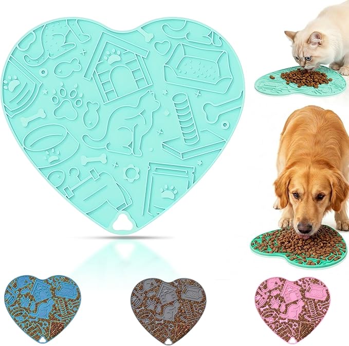 Silicone Slow Feeder Dog & Cat Bowl with Suction Cups – Non-Slip Fun Pattern for Dogs and Cats, Interactive Pet Enrichment Bowl, Treat Eating Feeder, Heart-Shaped Mat Compatible (Mint)