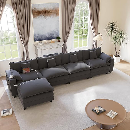 152" Modular Sectional Sofa, L Shaped Cloud Couch with Movable Ottoman, Chenille Deep Seat Cloud Sofa with Charging Station, Cup Holder, Side Pocket, Sectional Couches for Living Room, Grey