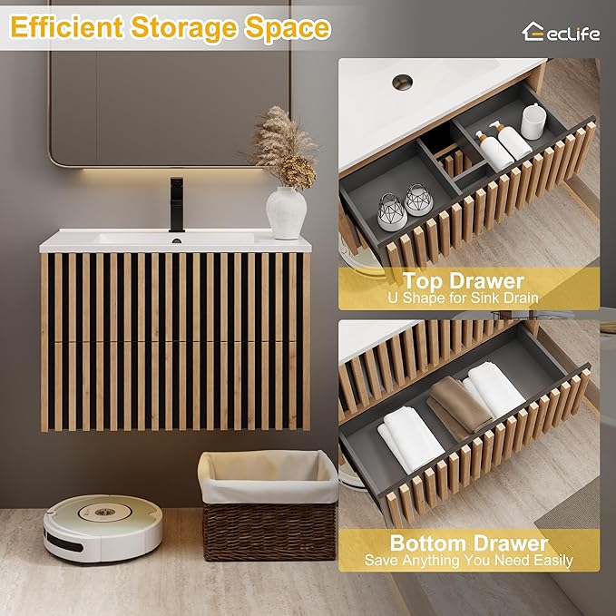 eclife 30" Floating Bathroom Vanity with Sink Combo, Modern Wall Mounted Cabinet with 2 Fluted Drawers, Undermount Sink, Faucet, Drain, Mixed Natural