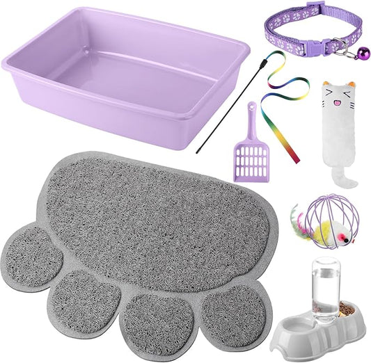 7 Pcs Small Cat Kitten Starter Kit Cat Litter Box with Shovel Paw Litter Mat Double Automatic Kitten Bowls Toy Teaser Stick Collar Essentials Kits for 1-3 Lbs Beginner(Simple,Purple)