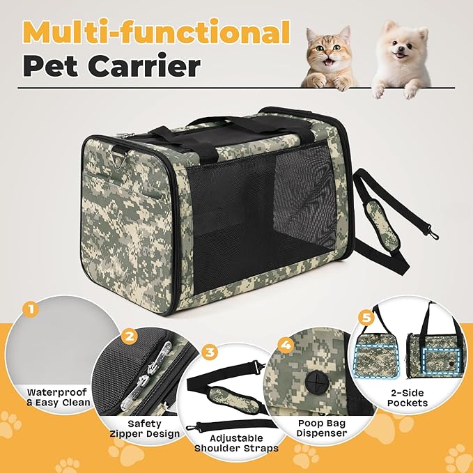 Cat Carrier Soft 25lbs Two Loading Pet Carriers Portable Small Dog Puppy Airline Approved Carrier with Side Pockets Foldable Portable for Outdoor Car Digital Grey