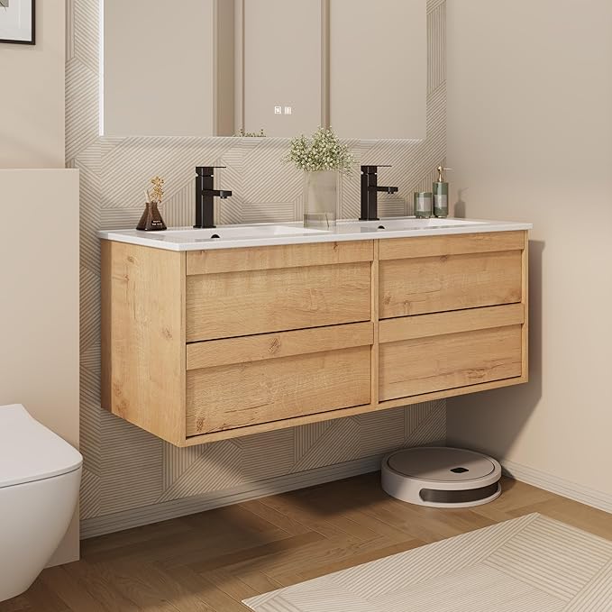 eclife 48" Floating Bathroom Vanity Sink Combo, Wall Mounted Modern Minimalist Storage Cabinet with 4 Drawers, Include Sink, Faucet & Drain, Natural