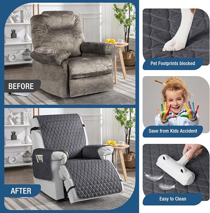 TAOCOCO 100% Waterproof Recliner Cover - Recliner Cover with Non-Slip Granule, Recliner Chair Covers with Elastic Band, Recliner Chair Covers for Reclining Chair(Dark Grey,Large-28'')
