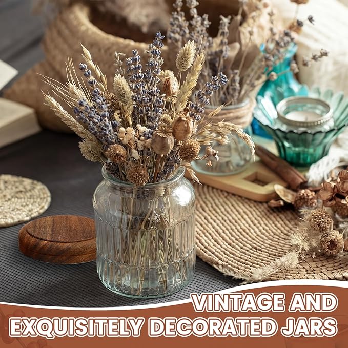 6 Pack Vintage Glass Jars with Wooden Lids 33.8 oz Airtight Glass Canisters Storage Containers Large Food Canisters for Pantry Coffee Spice Grains Tea Sugar Flour Kitchen(Stylish Ribbed)