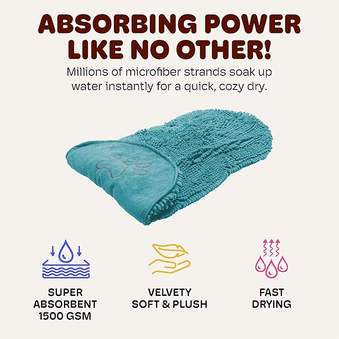 Dog Gone Smart The Dirty Dog Shammy - 2-Pack, Fast Drying Plush Shammy Towel with Dual Hand Pockets and Elastic - Super Absorbent Microfiber and Machine Washable - 31×13 in, Pacific Blue