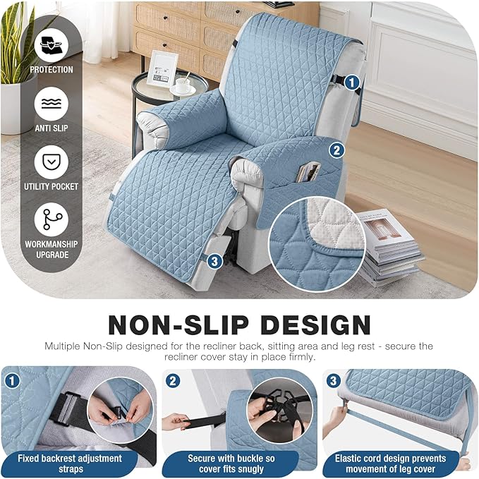 TAOCOCO 100% Waterproof Recliner Cover - Recliner Cover with Non-Slip Granule, Recliner Chair Covers with Elastic Band, Recliner Chair Covers for Reclining Chair(Light Blue,Oversized-30'')