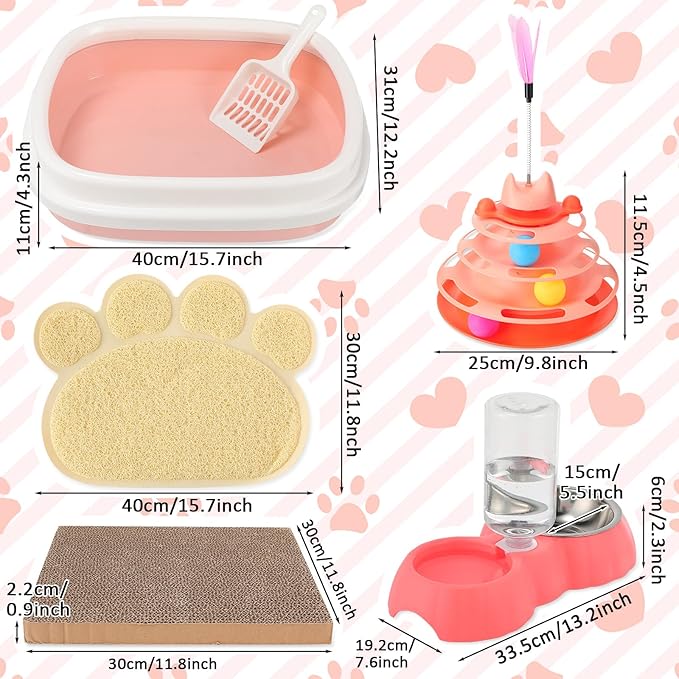 5 Pcs Small Cat Kitten Starter Kit Include Litter Box with Shovel Cat Paw Litter Mat Scratch Pad Automatic Bowls Turntable Toys Balls Essentials Kits for Kittens Life(Pink)