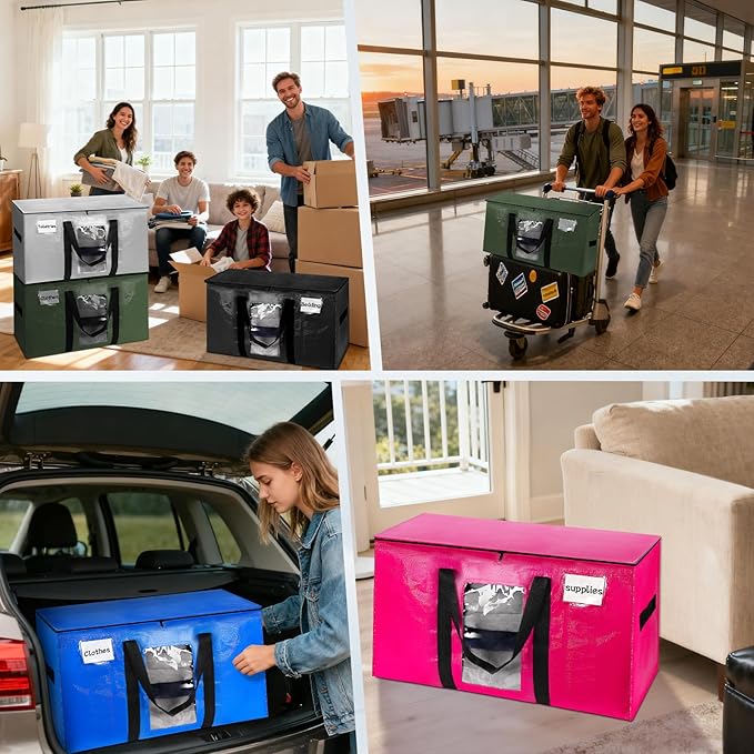 6 Pack Extra Large Moving Bags with Visible Window & Tag Pocket,Strong Zippers & Handles, Heavy Duty Storage Totes for Moving & Space Saving