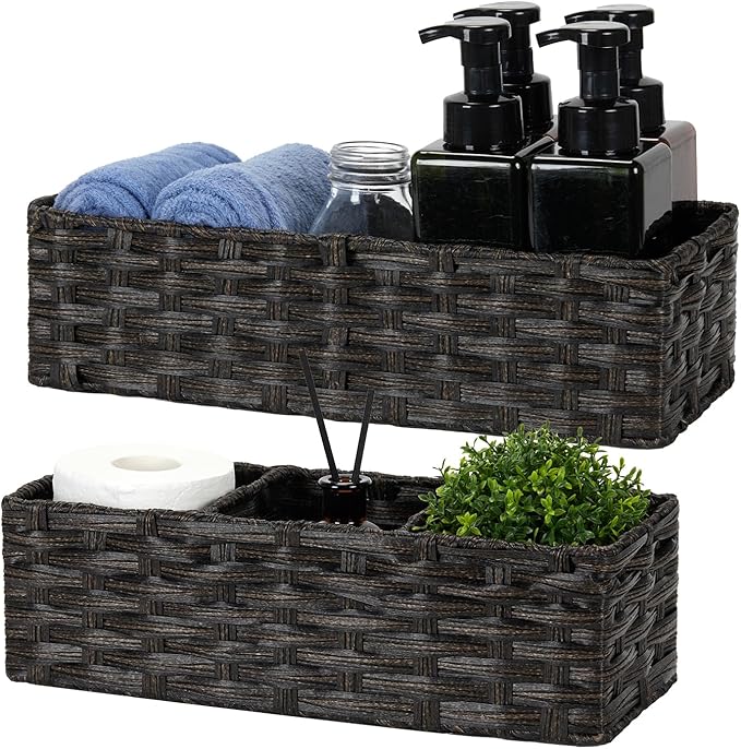 Bidtakay Long Narrow Wicker Baskets Toilet Paper Basket for Shelves 2-Pack Waterproof Imitation Small Wicker Storage Bins for Washroom Closet Blackish-tan