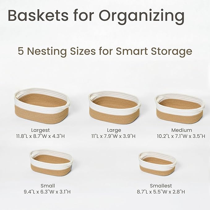 Storage Basket Set – 5-Piece Baskets for Organizing Home, Shelves, Nursery, Bathroom, Dog Toys, Small to Large Decorative Baskets – White and Khaki