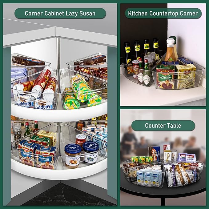 Lazy Susan Cabinet Organizer Bins for 26"/ 28"/ 32" Diameter Corner Organizer, Plastic Cabinet Storage Bin, 1/8 Wedge - Food Safe, BPA Free, with Non-Slip Pads (for 26" Diameter, 8 Pack)