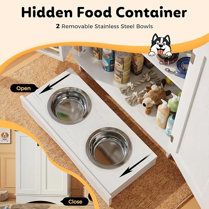 Pet Food Storage Cabinet with Bowls, Dog Food Feeding Station with Storage, Dog Food Cabinet with Adjustable Shelves, Hooks, Letter Stickers, Pet Organizer and Storage for Cat/Dog, White&Oak
