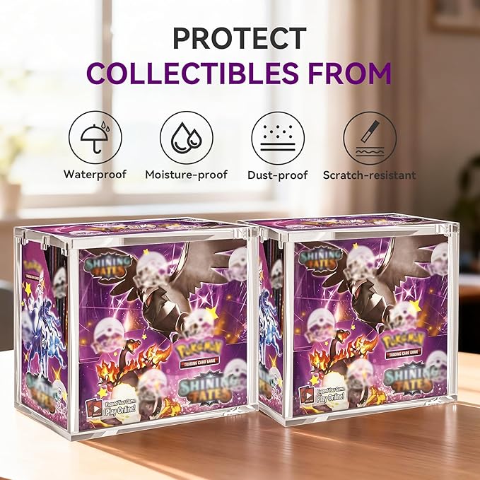 PKMN Booster Box Case 3 Pack, 8mm Ultra Thick Acrylic Protector with Magnetic Lid, Stackable Clear Display Box for Trading Card Collection