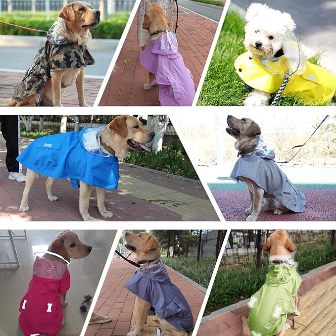 Waterproof Dog Raincoat, Adjustable Reflective Lightweight Pet Rain Clothes with Poncho Hood(Medium, Blue&Grey)