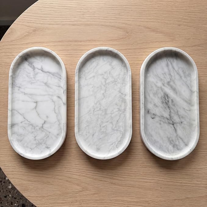 YKAJO 11.6" x 5.9" Oval Real Marble Tray for Bathroom & Kitchen Counter — 100% Natural Stone Decorative Vanity Tray for Dresser & Perfume — Heavy Catchall Organizer for Soap & Jewelry, White Gray