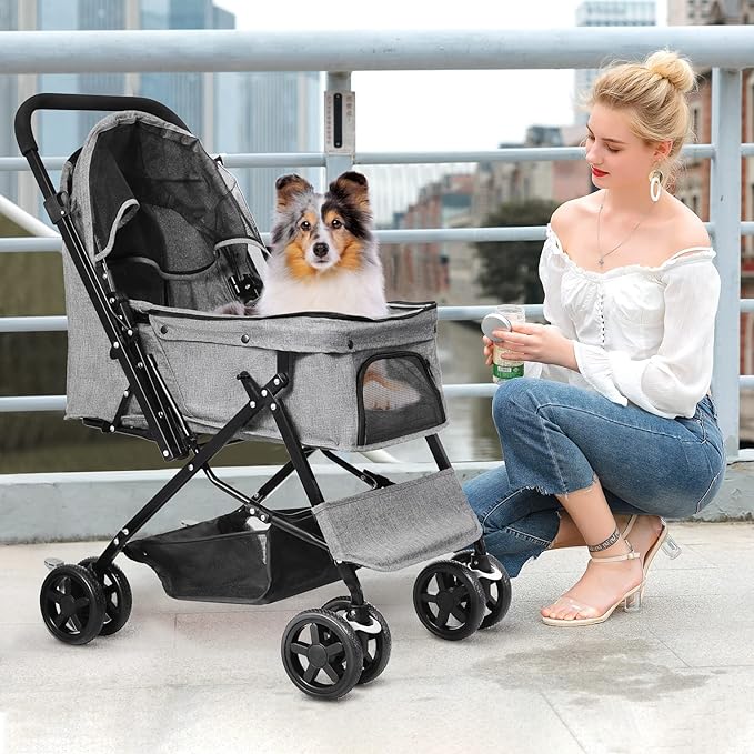 Dog Stroller for Large Medium Dogs & Cats with Reversible Handle, Foldable Pet Stroller Travel Carriage with Large Storage Basket, Gray