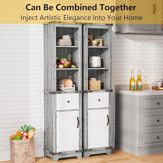 63 Inch Tall Corner Cabinet, Modern Corner Storage Cabinet with Door & Adjustable Shelves & Drawers, Anti-Tipping Free Standing Linen Tower for Bedroom, Bathroom, Kitchen, Pantry (Grey)