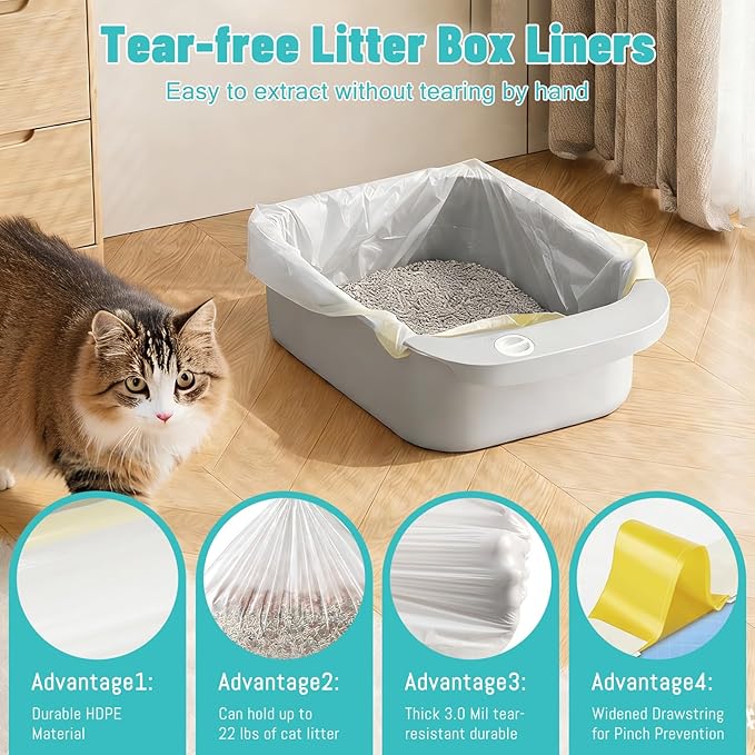 （80 Counts/4 Packs）24.4×11 Inches Litter Bags for Automatic Cat Litter Box, Replacement Extra Large Self-Cleaning Cat Litter Box Liners, 4 Rolls Drawstring Trash Bags for Robot, Waste Bag