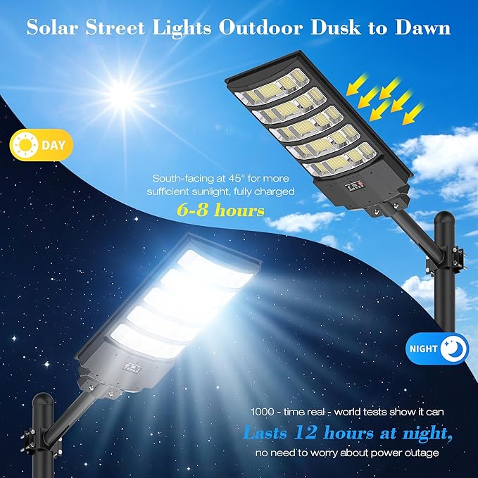 Solar Street Light Outdoor, 10000W Solar Lights Outdoor Waterproof with Motion Sensor, IP66 Solar Flood Lights for Yard, Pathway, Parking Lot - 350° Wide Angle & Remote Control Included (2 PACK)