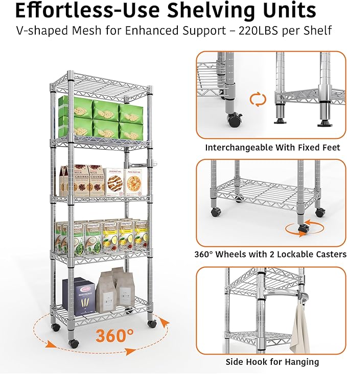 5-Tier Storage Shelves with Wheels and Adjustable Shelf, Heavy Duty Metal Shelving Unit Wire Rack Rolling Storage Shelving for Pantry Kitchen Garage Bedroom, 61" H x 23.6" W x 11.8" D