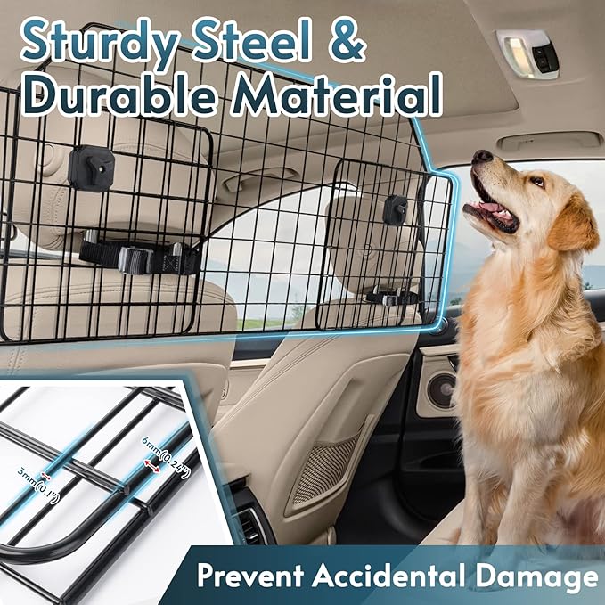 rabbitgoo Dog Car Barrier for SUVs, Adjustable Large Pet Gate, Universal-Fit Divider Cargo Net, Heavy-Duty Wire Mesh Dog Barrier SUV, Van Vehicles Subaru Car Accessories Safety Travel, Standard Model