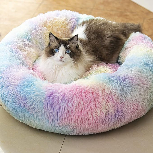 Anti Anxiety Round Fluffy Plush Faux Fur Warm Washable Dog Bed & Cat Bed, Original Bed for Small Medium Large Pets,Used to Relieve Joints and Improve Sleep（20"/24"/27''） (27", Rainbow)
