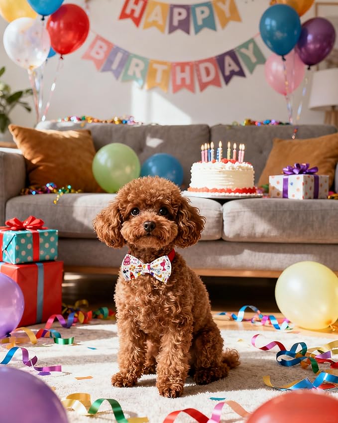 PET SHOW 10 Pack Happy Birthday Small Dog Bow Ties Sliding Collar Attachment Puppies Cats Pet Bowties for Party Balloon Cake Bowknots Collar Charms Grooming Accessories