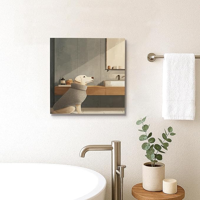 Cozy Dog Canvas Wall Art, Beige Gray Minimalistic Animal Decor, Autumn Aesthetic Home Decoration for Living Room, Bedroom, Bathroom, Wrapped Canvas 12x12 Inch