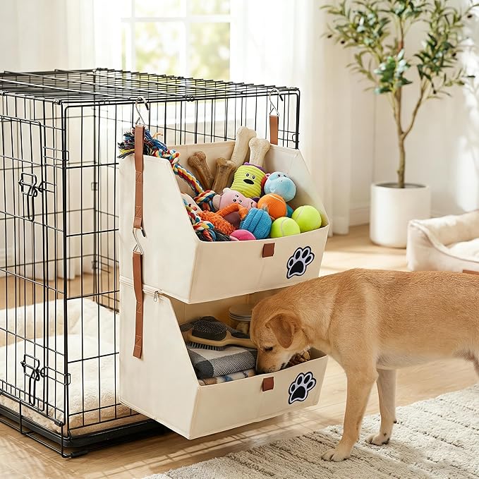 2-Tier Dog Shelves Storage Organizer, Dog Toy Basket, Hanging Closet Organizer for Pet, Fabric Storage Bins Dog Cabinet, Collapsible Baskets for Dog Toys,Colloar,Clothes,Blanket -Beige