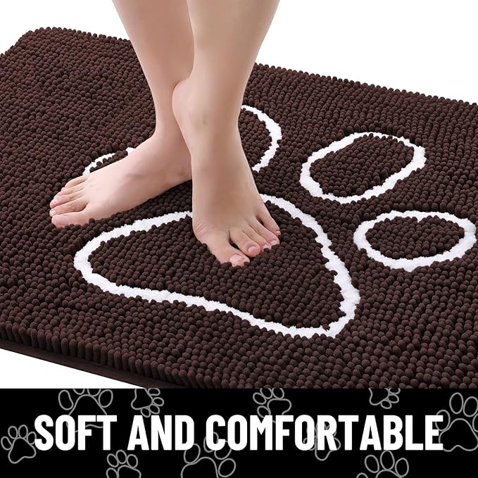 Smiry Dog Door Mat for Muddy Paws, Absorbent Dirt Trapper Non Slip Quick Dry Washable Chenille Mat for Mud Dogs, Entry Rug for Indoor and Outdoor (48x30 Inches, Brown and White)