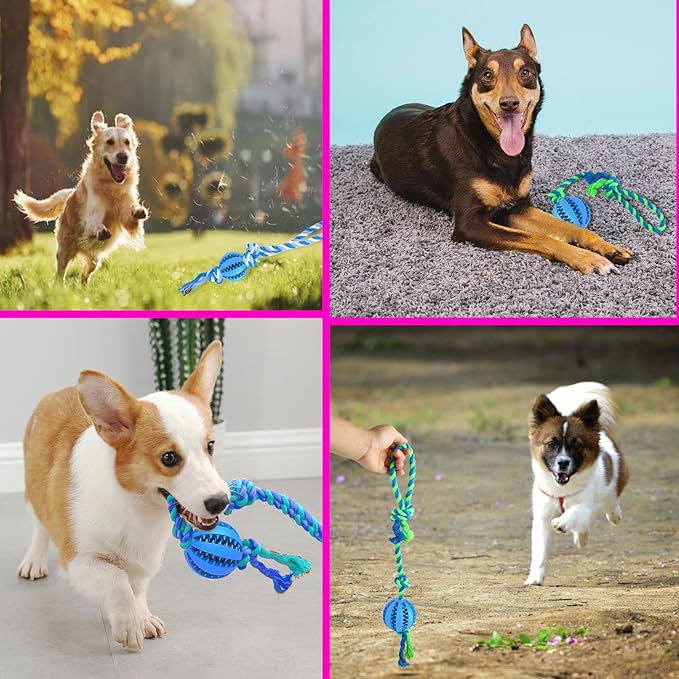 Interactive Dog Chew Toys Crate Training Aids for Puppies, Puzzle Treat Dispenser with Rope Dogs Toy Ball Reduce Stress Anxiety Peanut Butter Dog Food Treat Dispenser Toys (Blue)