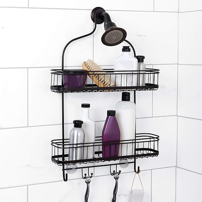 Zenna Home Shower Caddy Hanging Bathroom Organizer, Steel Shower Rack with 2 Extra Wide Shelves and Built in Hooks, Rust-Resistant Over Shower Head Caddy Storage System, Bronze