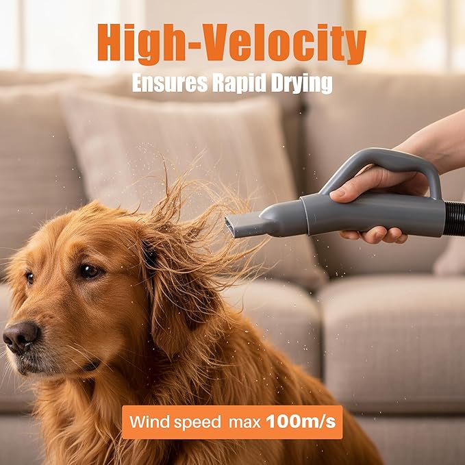 NEWBULIG Dog Hair Dryer, 1550W High Velocity Pet Blow Dryer with Heater for Grooming, Speed Temperature Adjustable Dog Blower Grooming Dryer with 4 Nozzles