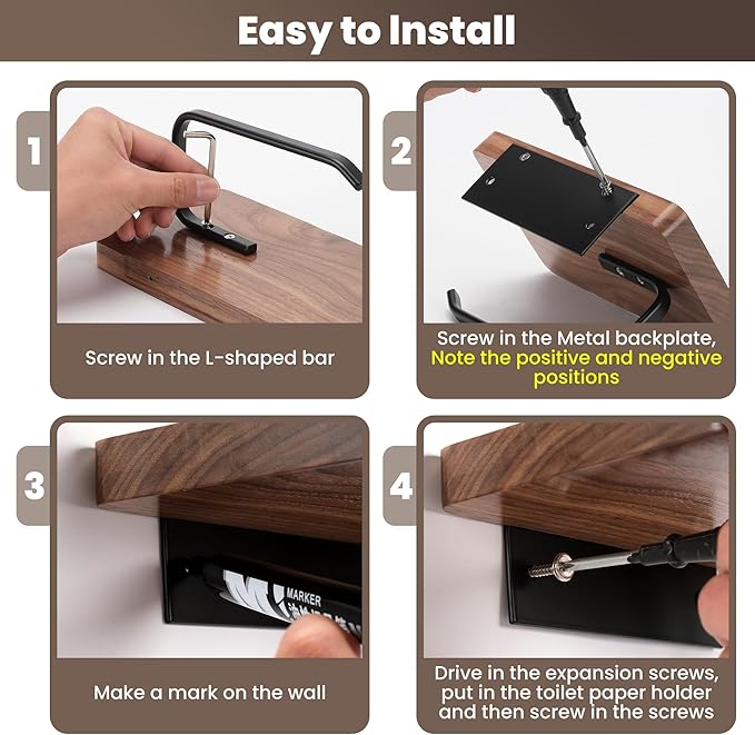 Toilet Paper Holder with Walnut Wood Shelf - Wall Mount & Self-Adhesive Bathroom Tissue Holder, Black Stainless Steel with Walnut Shelf for Phone - Home Apartment Restroom Decor Essentials
