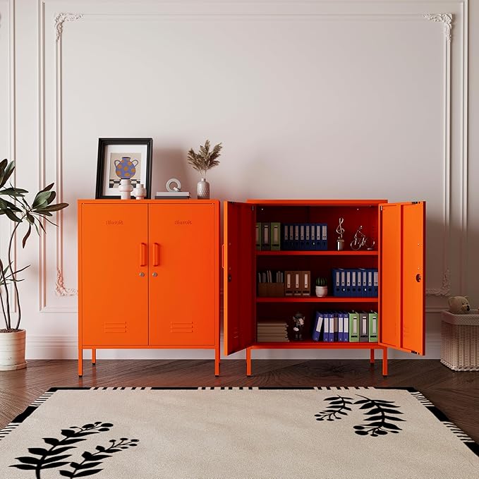 Orange Heavy Duty Metal Storage Cabinet, Multifunctional Lockable Cabinet with 3 Adjustable Shelves, Secure Industrial Organizer for Home Office School, Easy Assembly, 40" H x 31.5" W x 15" D