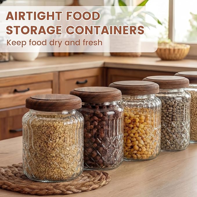 6 Pack Vintage Glass Jars with Wooden Lids 33.8 oz Airtight Glass Canisters Storage Containers Large Food Canisters for Pantry Coffee Spice Grains Tea Sugar Flour Kitchen(Fine Floral)