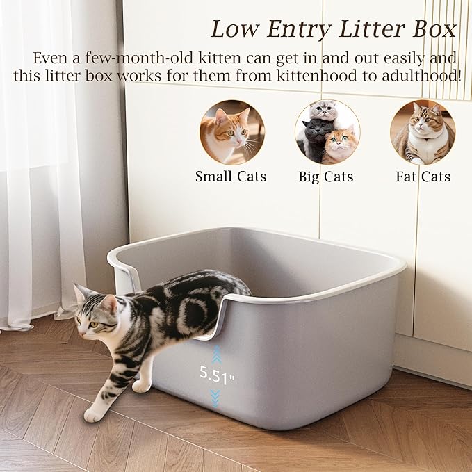 Large Cat Litter Box with High Sides, Side Entry Open Top Deep Tall Litter Pan, Kitty Litter Box for Indoor Small and Medium Cats, Grey (Anti-Splashing) 19.7" L x 15.4" W x 8.6" H