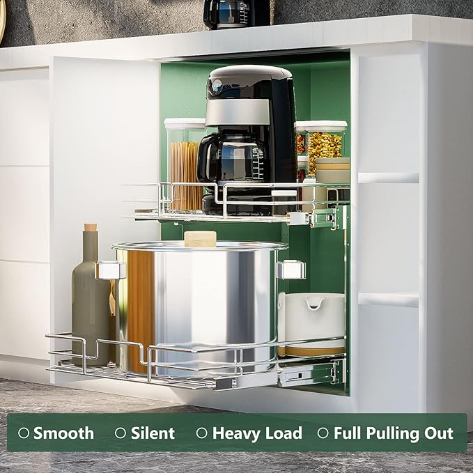 LOVMOR 2 Tier Individual Pull Out Cabinet Organizer 14½" W x 21½" D, Slide Out Kitchen Cabinet Storage Sliding Shelves