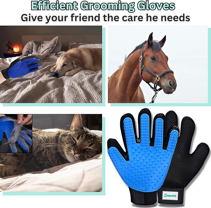 Pet Hair Remover Gloves - Gentle Deshedding & Grooming for Dogs, Cats & Horses (1 Pair, Blue)