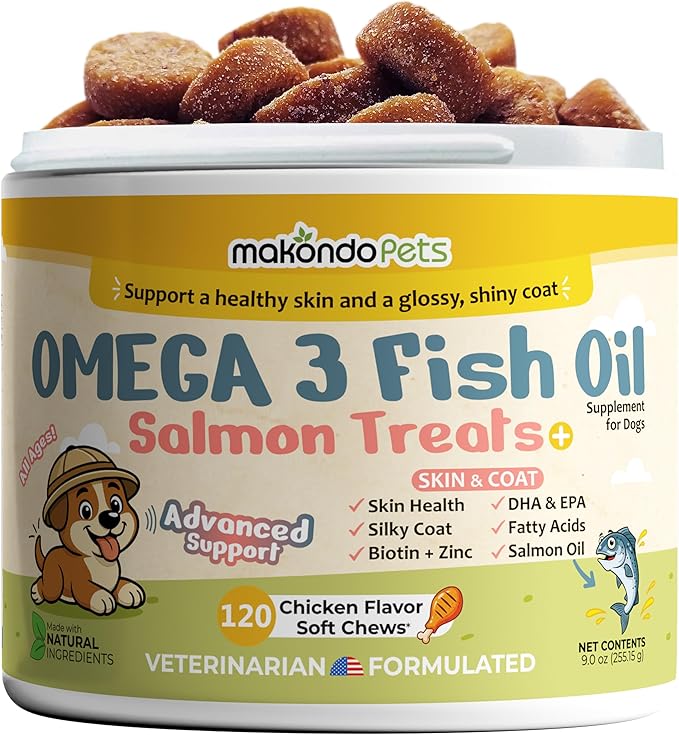 Omega 3 Soft Chews – Salmon Oil for Dogs Skin and Coat Support, Itch Relief & Shedding Support – EPA & DHA Dog Fish Oil Fatty Acids – 120 Chews by Makondo Pets.