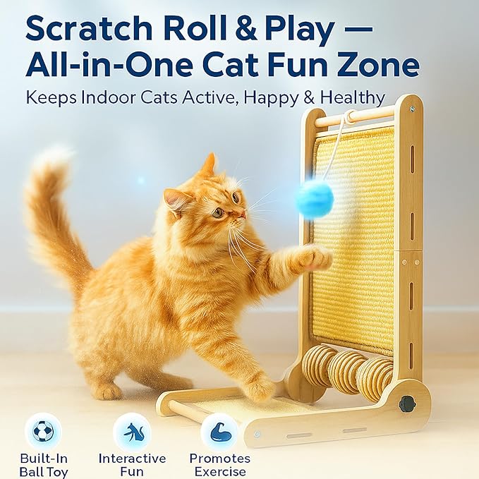32" Foldable Sisal L Shaped Cat Scratch Pad with Ball Toy, Wooden Cat Scratching Post for Indoor Cats, 180° Angles Cat Scratcher for Indoor Cats, Durable Modern Cat Scratching Board