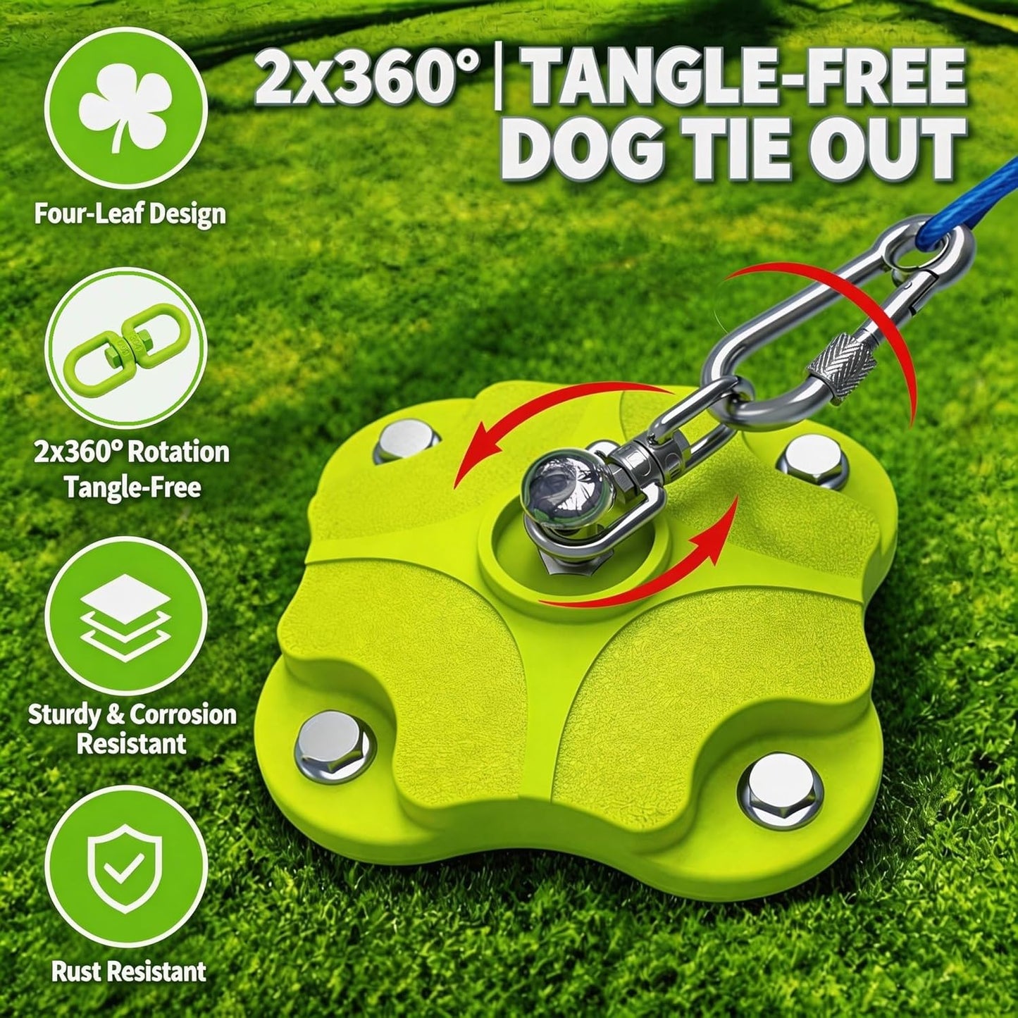 Heavy Duty Tie-Out Stake – 200LBS + 360° Tangle-Free Cables